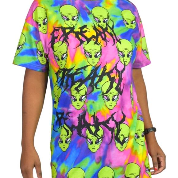 ASOS Freaky Alien Dress Green Tie Dye Oversized Shirt Graphic Mini Neon Size 2 - Picture 1 of 16